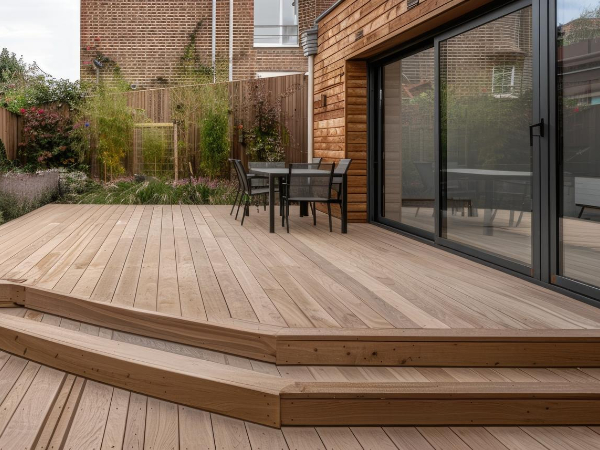 wooden decking attached to a house it is raised with steps